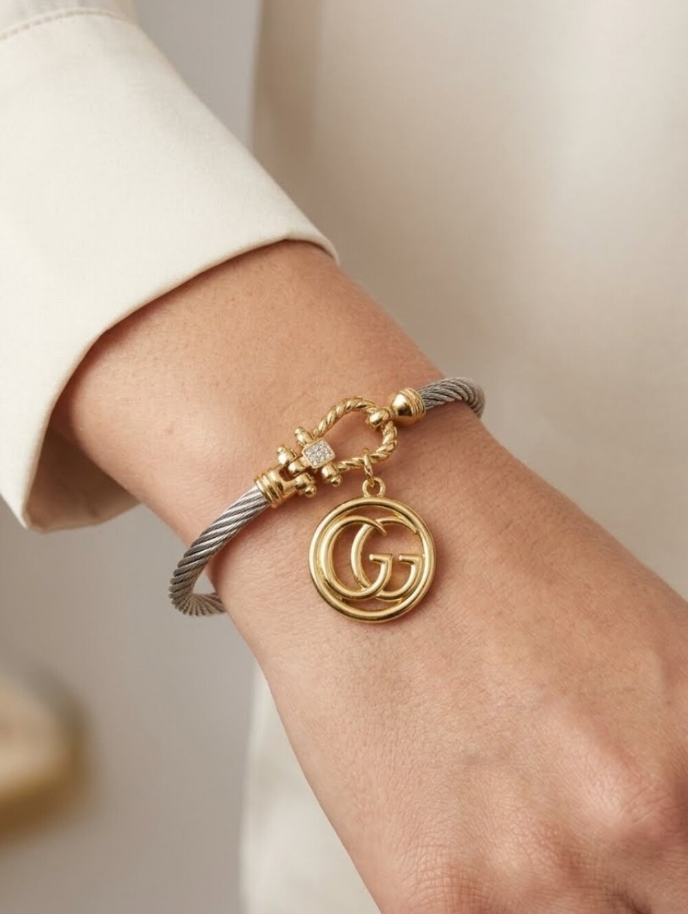 2 Tone Silver/gold Cable Bangle Bracelet, GG GOLD CHARM